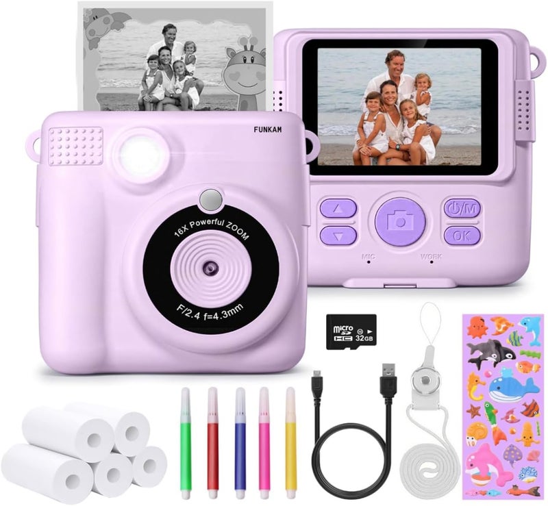 FUNKAM Instant Print Camera for Kids - 2.4" HD 1080P - with 32GB SD Card, 5 Markers, Stickers, 5 Paper Rolls, Lanyard. Camera Boys and Girls from 3 to 14 Years Old. (Purple) - Image 1
